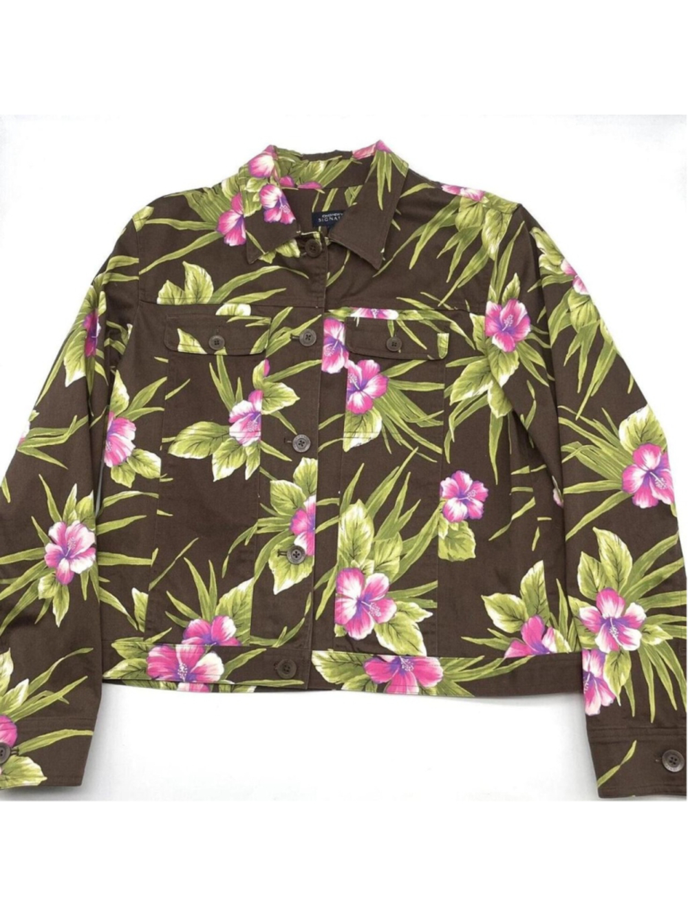 Jones New York jacket
Think cargo material 
Size m
Brown with green and pink flo